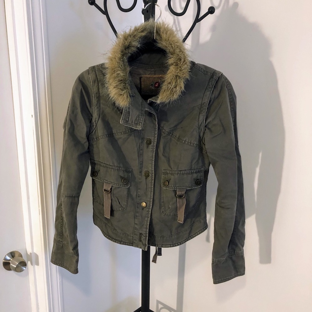 Army green color jacket with faux fur around neck